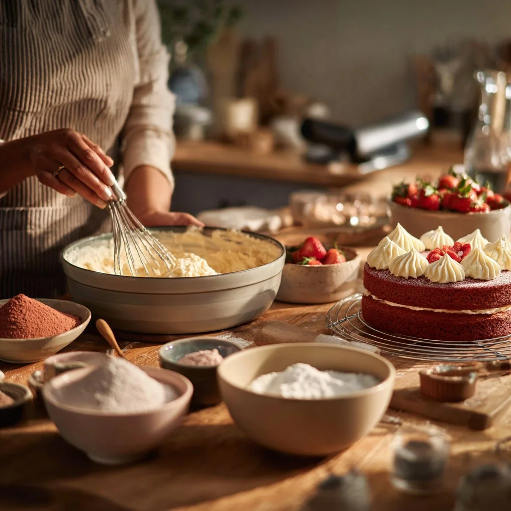 Un Gâteau Red Velvet Sans Cuisson servi avec une garniture crémeuse