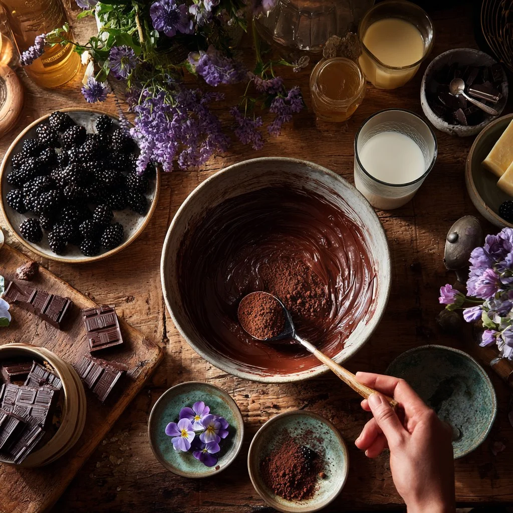 Gâteau mousse no-bake au chocolat et mûres sur une assiette élégante