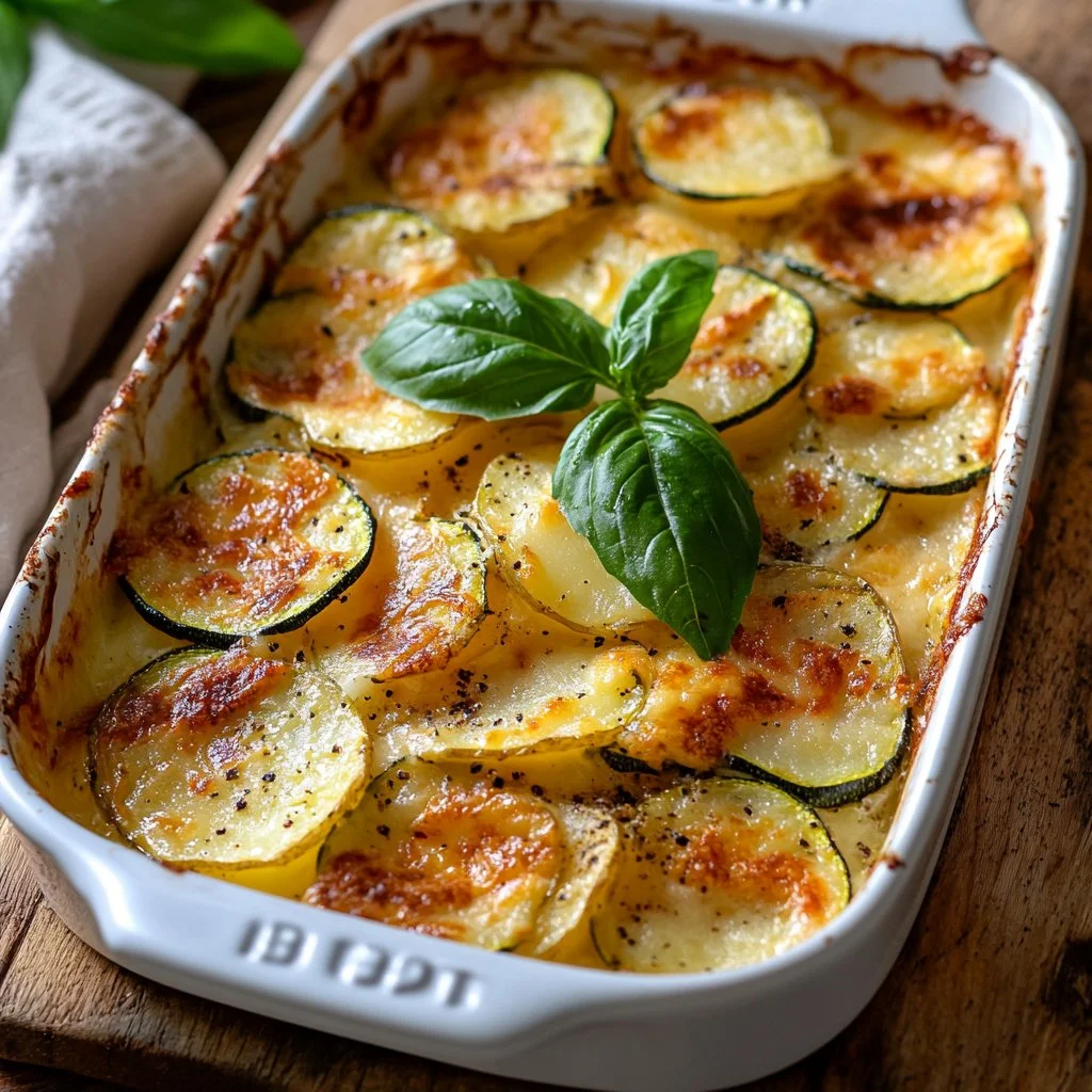 Gratin de pommes de terre et de courgettes, plat savoureux et crémeux.