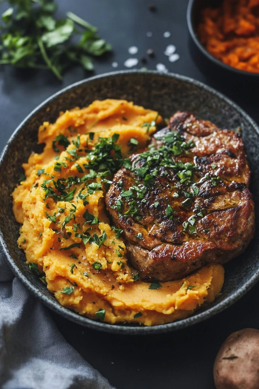 Steak de chou-fleur vegan au four et purée de patate douce