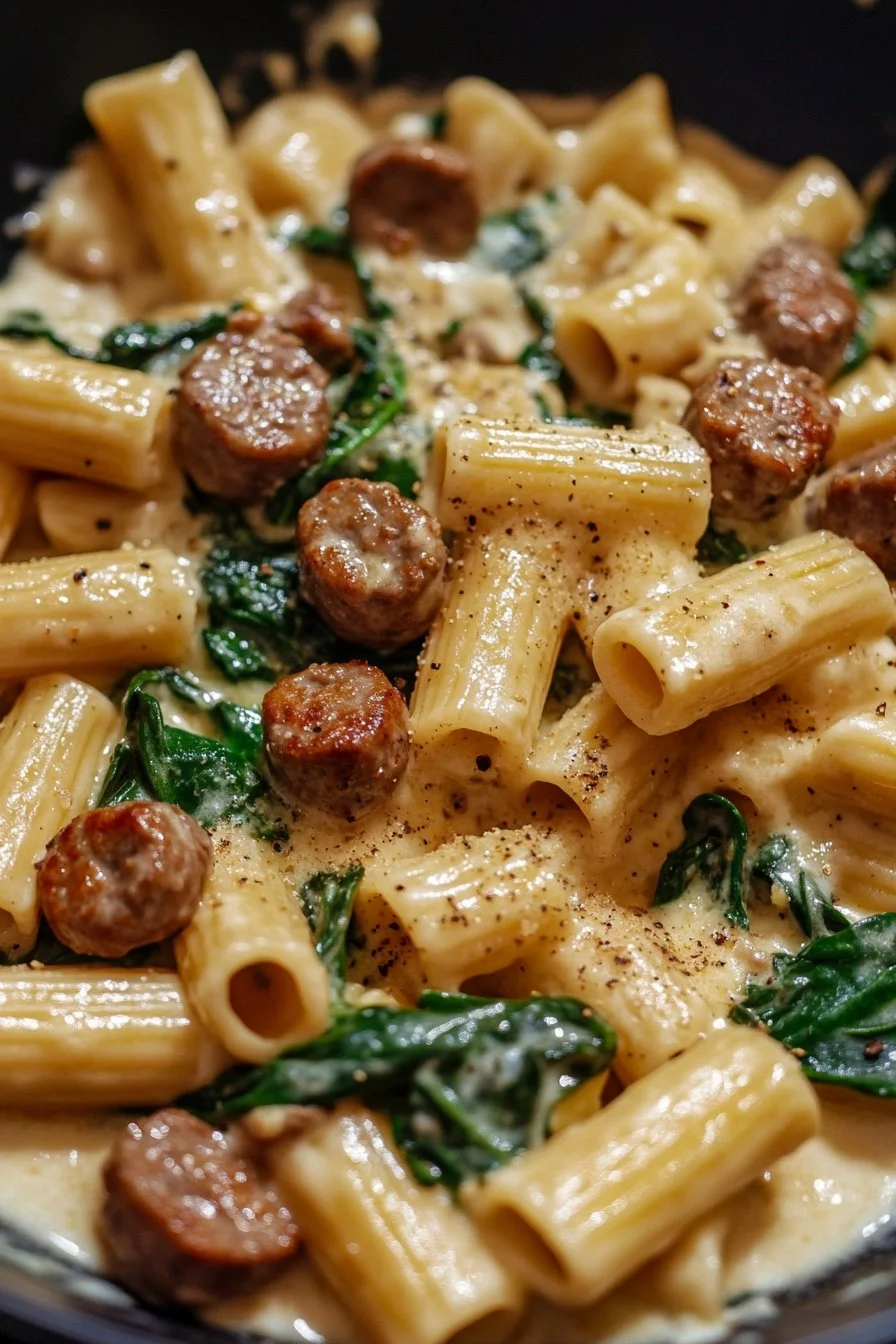 Rigatoni creamy with sausages and spinach