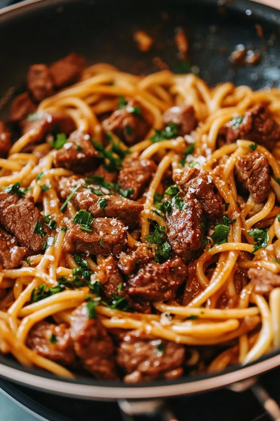 Pasta de bœuf BBQ au miel en une seule poêle
