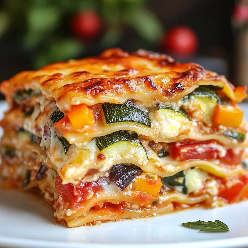 Lasagne aux légumes riches en protéines, garnie de légumes colorés et savoureux.