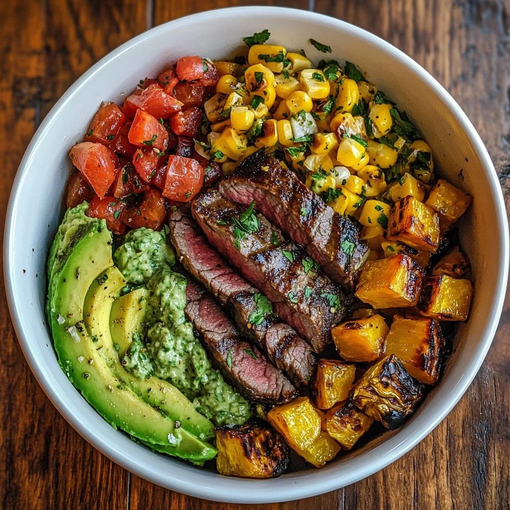 Bol de steak avec avocat, maïs grillé et sauce à la crème de coriandre