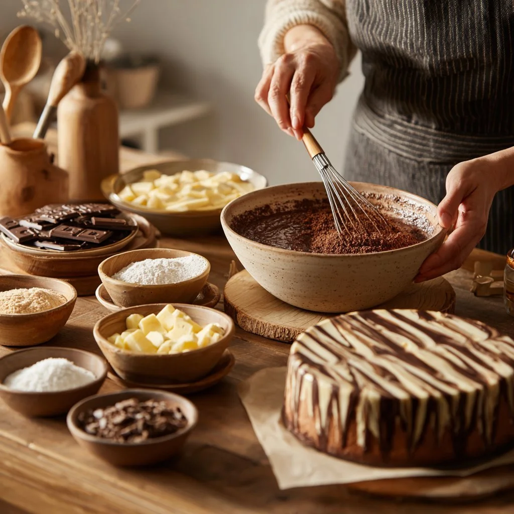 Mousse zébrée aux deux chocolats garnie de copeaux de chocolat noir et blanc