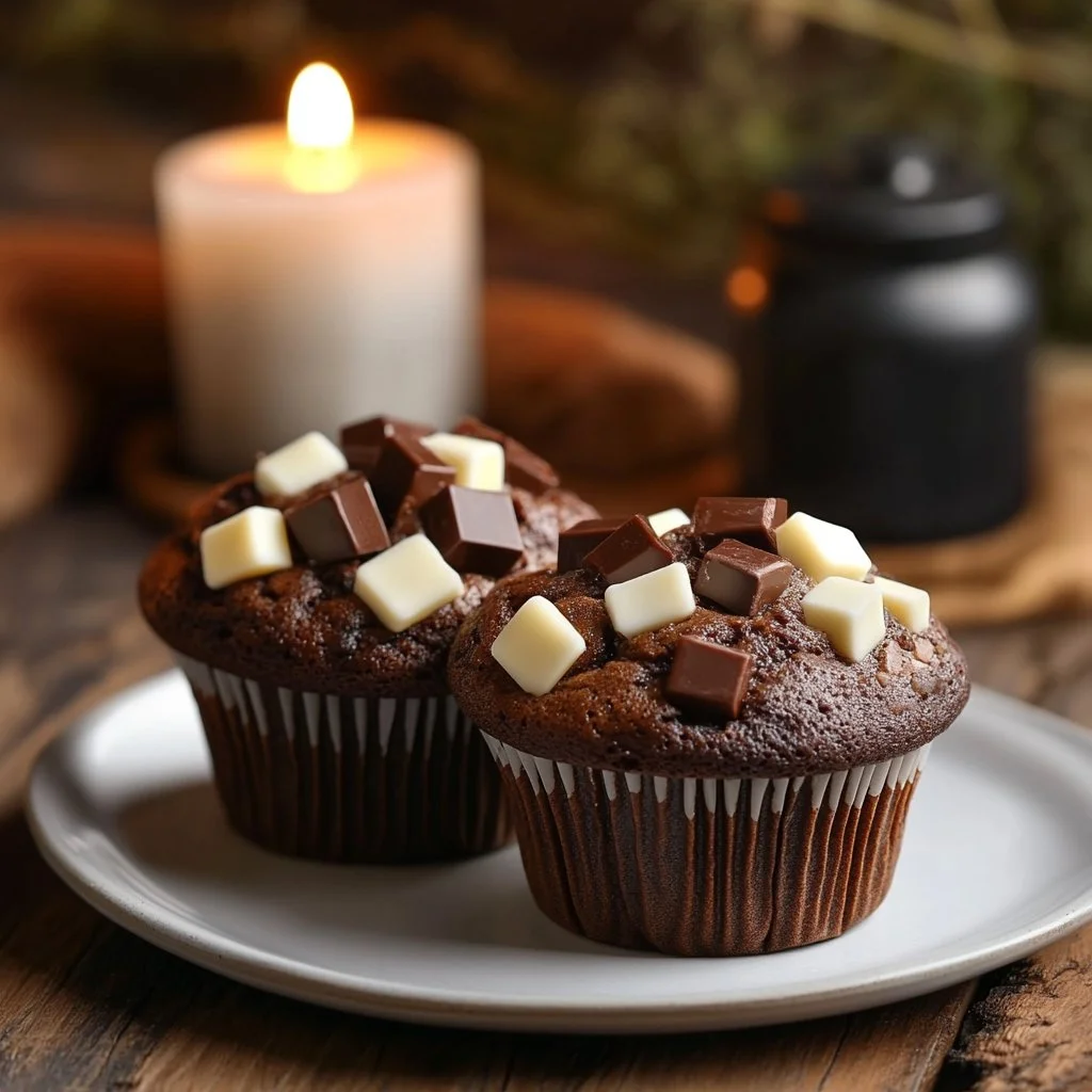 Muffins au chocolat et pâte à tartiner sur une table en bois