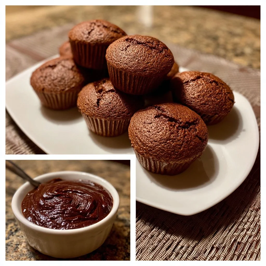 Muffins chocolat garnis de pâte à tartiner sur une assiette