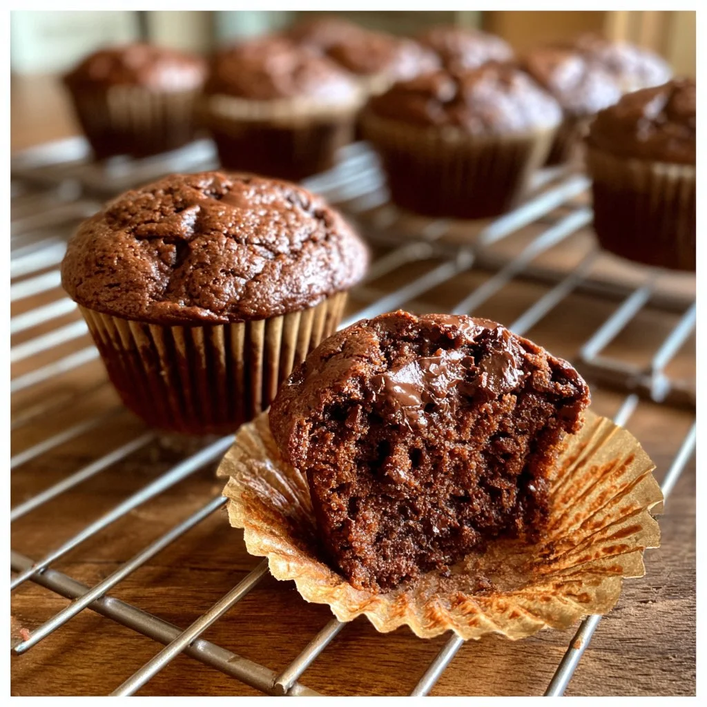 Muffins tout chocolat moelleux et décadents, garnis de pépites de chocolat.