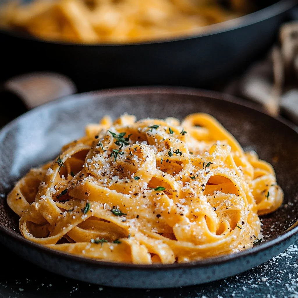 Pasta crémeuse à l'ail garnie de parmesan et de persil frais