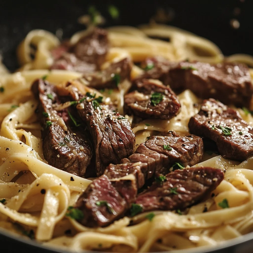 Pasta avec steak épicé à l'ail et fromage parmesan dans une assiette