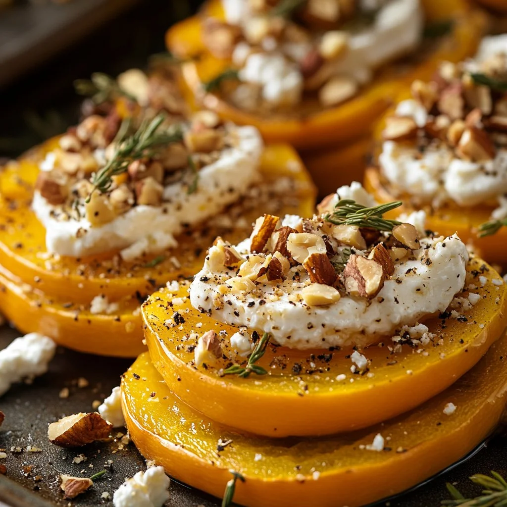 Patate douce rôtie au chèvre, miel et noix de pécan, recette savoureuse et facile.