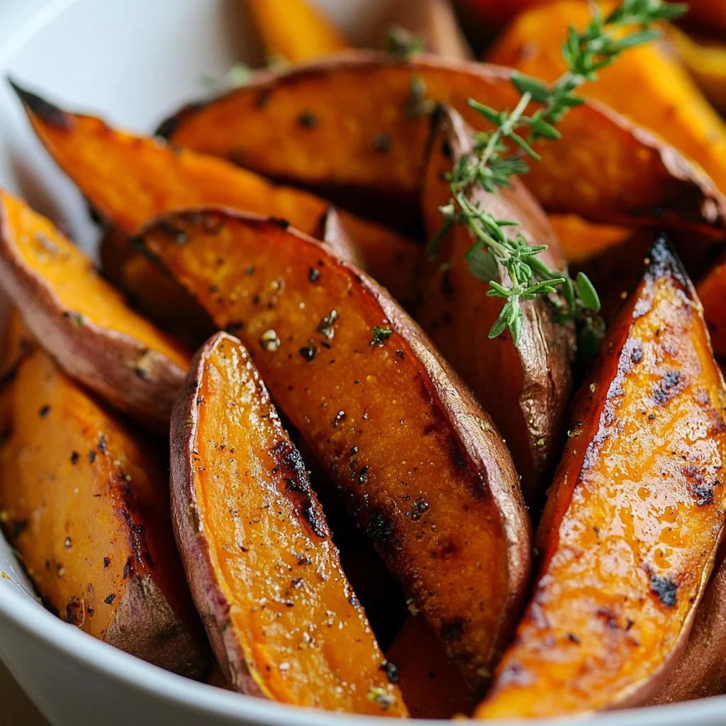 Patates douces rôties aux herbes et piment d’Espelette, un plat savoureux et sain.