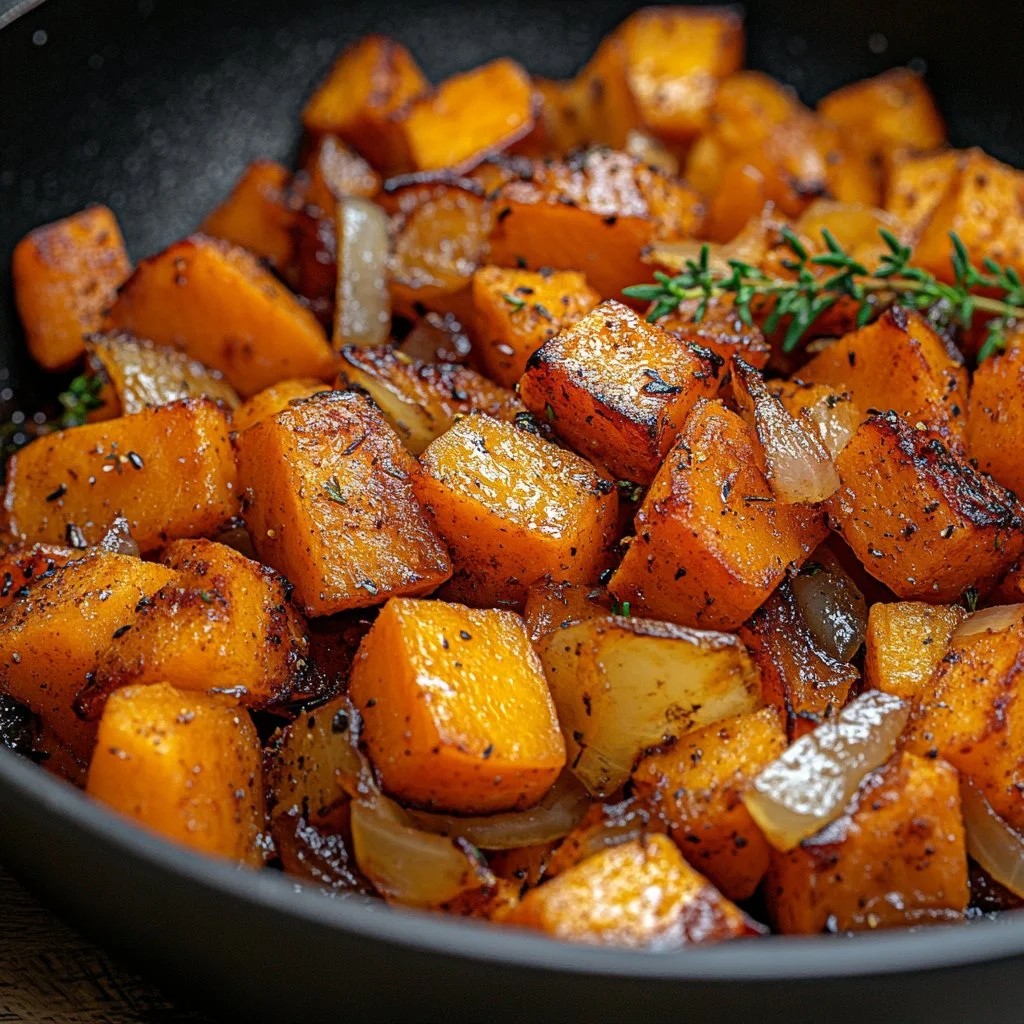 Patates douces sautées aux oignons et thym dans une poêle
