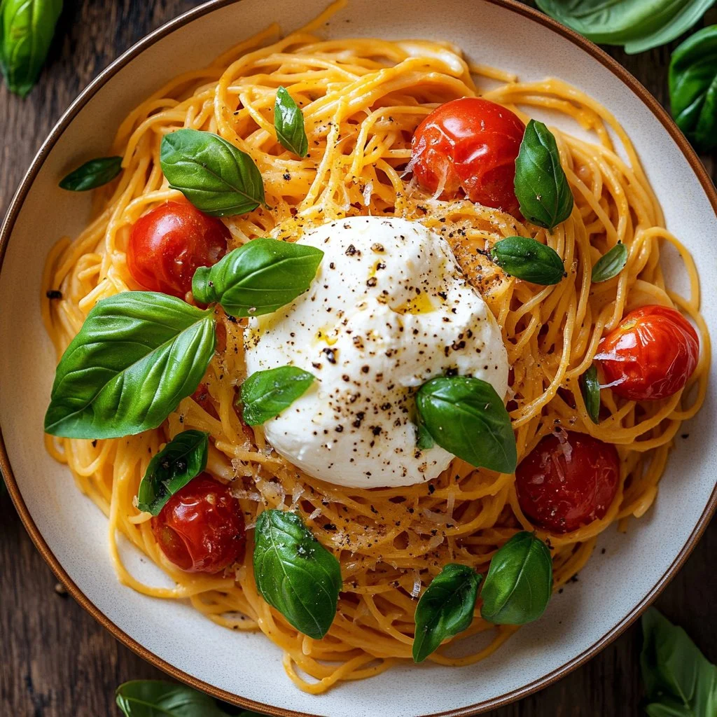 Pâtes à la burrata accompagnées de tomates éclatantes sur une assiette