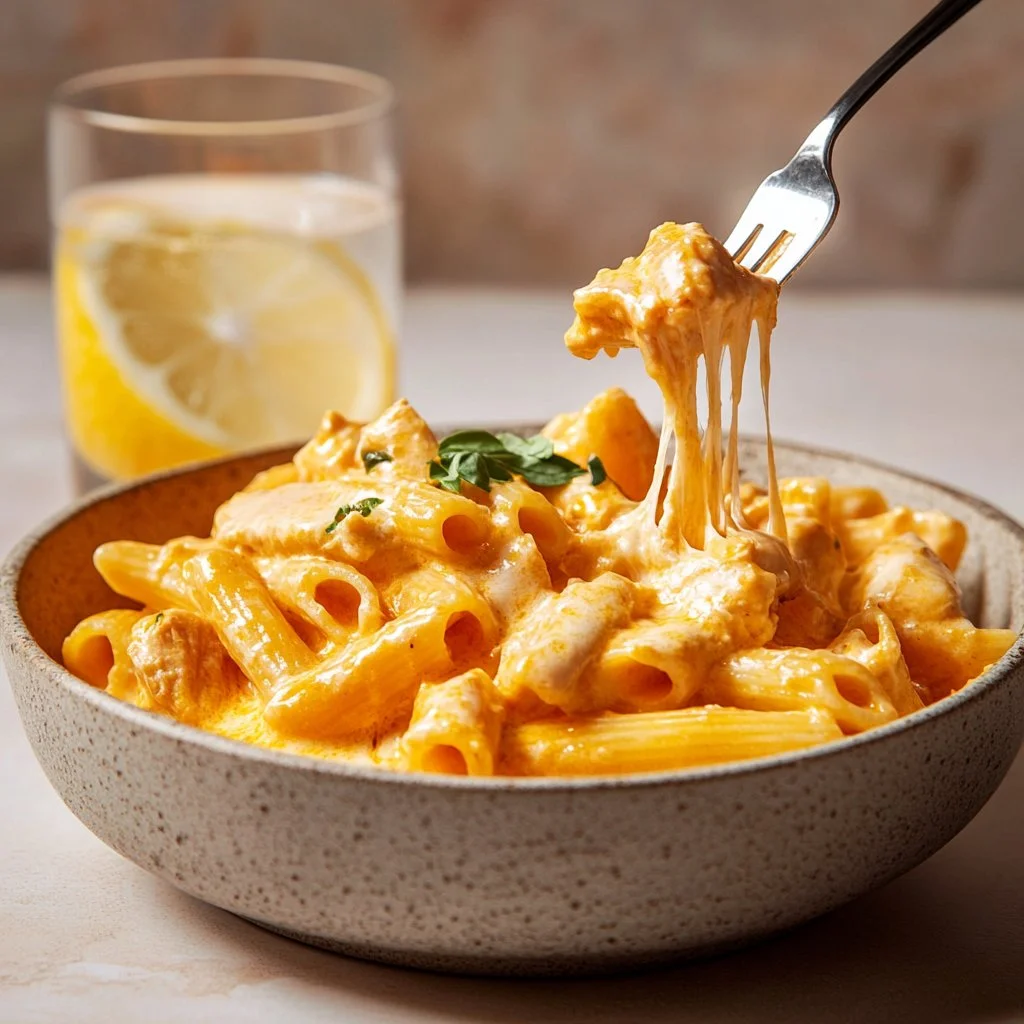 Pâtes au poulet crémeux, plat appétissant avec poulet tendre et sauce onctueuse.