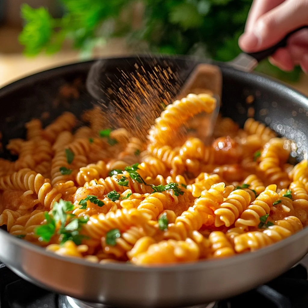 Pâtes aux crevettes roses avec une onctueuse sauce rose italienne