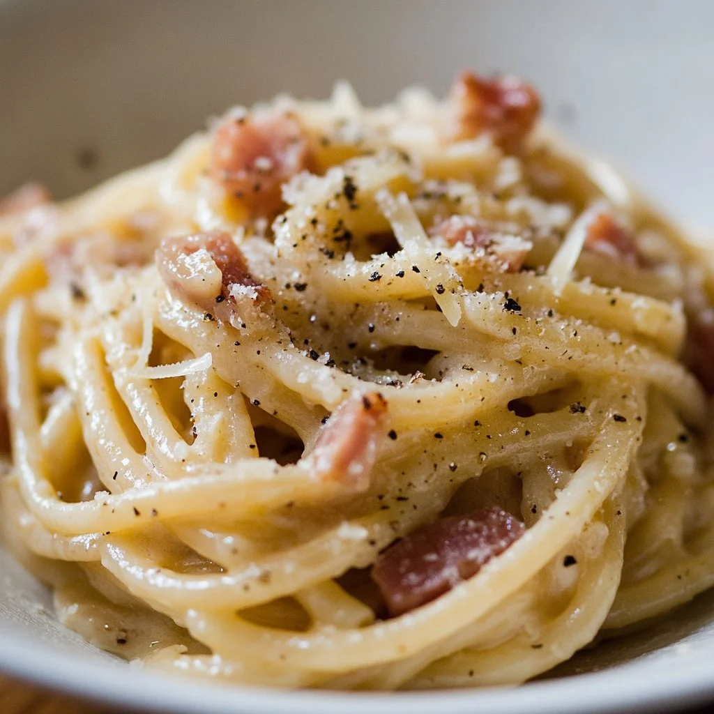 Assiette de pâtes carbonara garnies de fromage et de pancetta