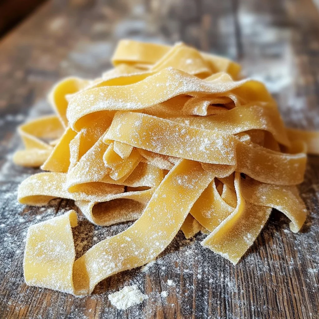 Pâtes fraîches fait maison prêtes à être servies dans une assiette.