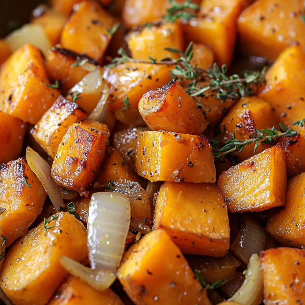 Poêlée de patates douces sautées aux oignons dans une poêle