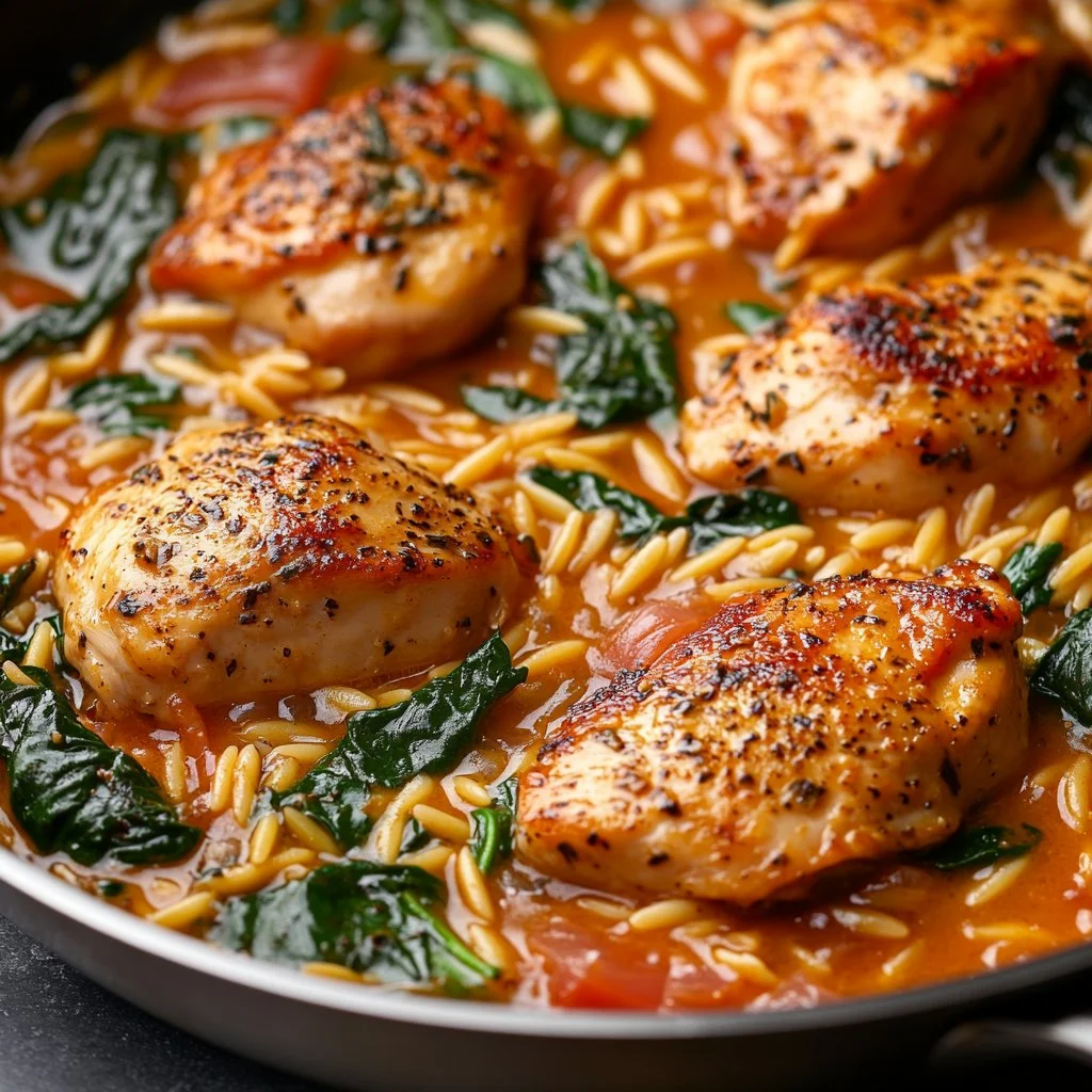 Recette de Poulet Crémeux à l'Orzo, un plat délicieux et crémeux.