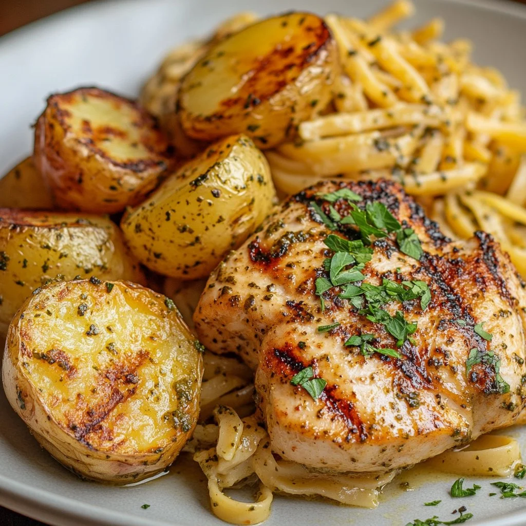 Poulet grillé aux herbes servi avec des pâtes crémeuses au pesto