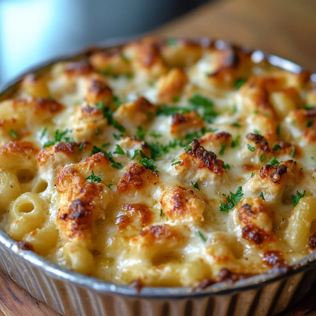 Poulet Macaroni au Fromage avec une sauce crémeuse et du fromage fondu