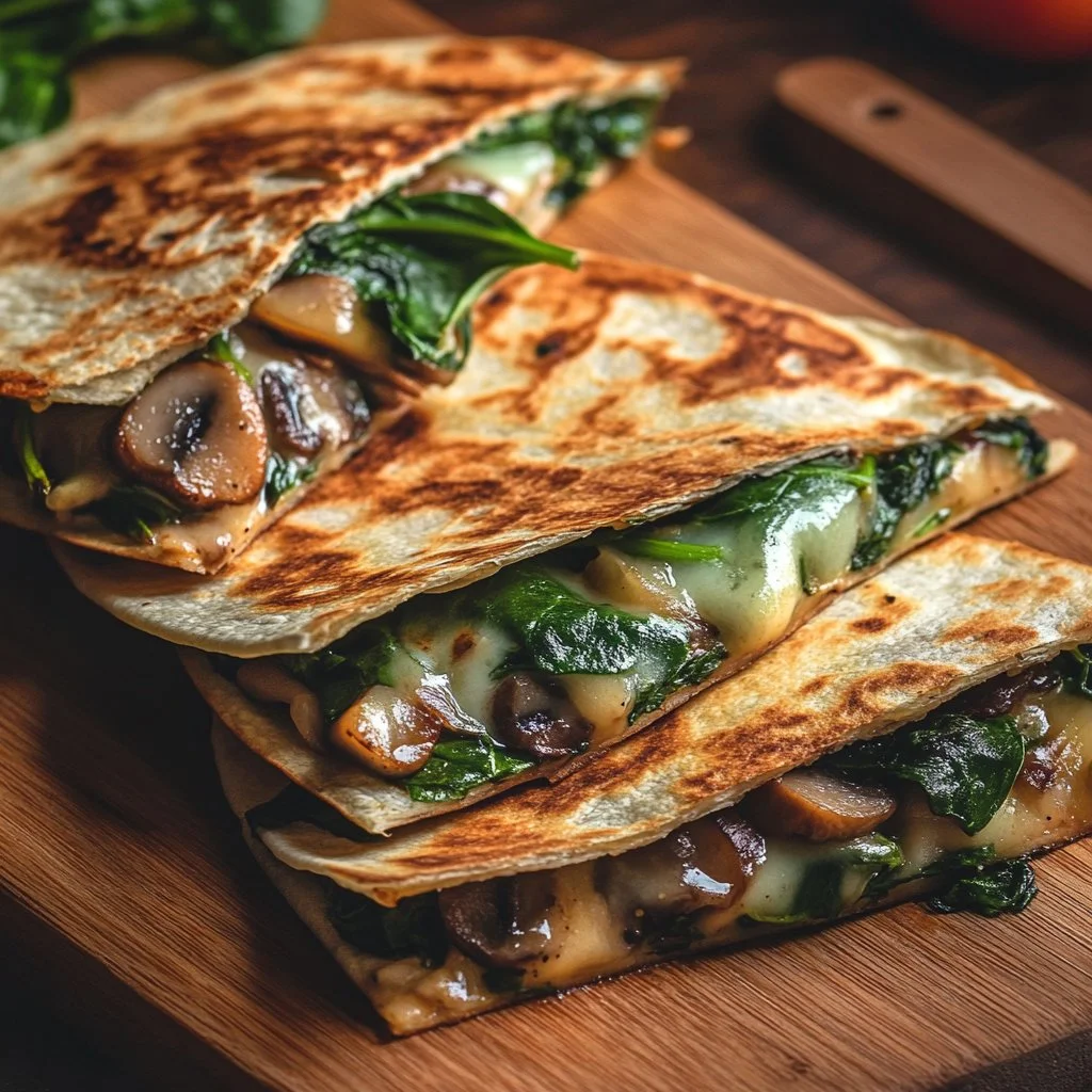 Quesadillas cuites au four avec épinards et champignons.