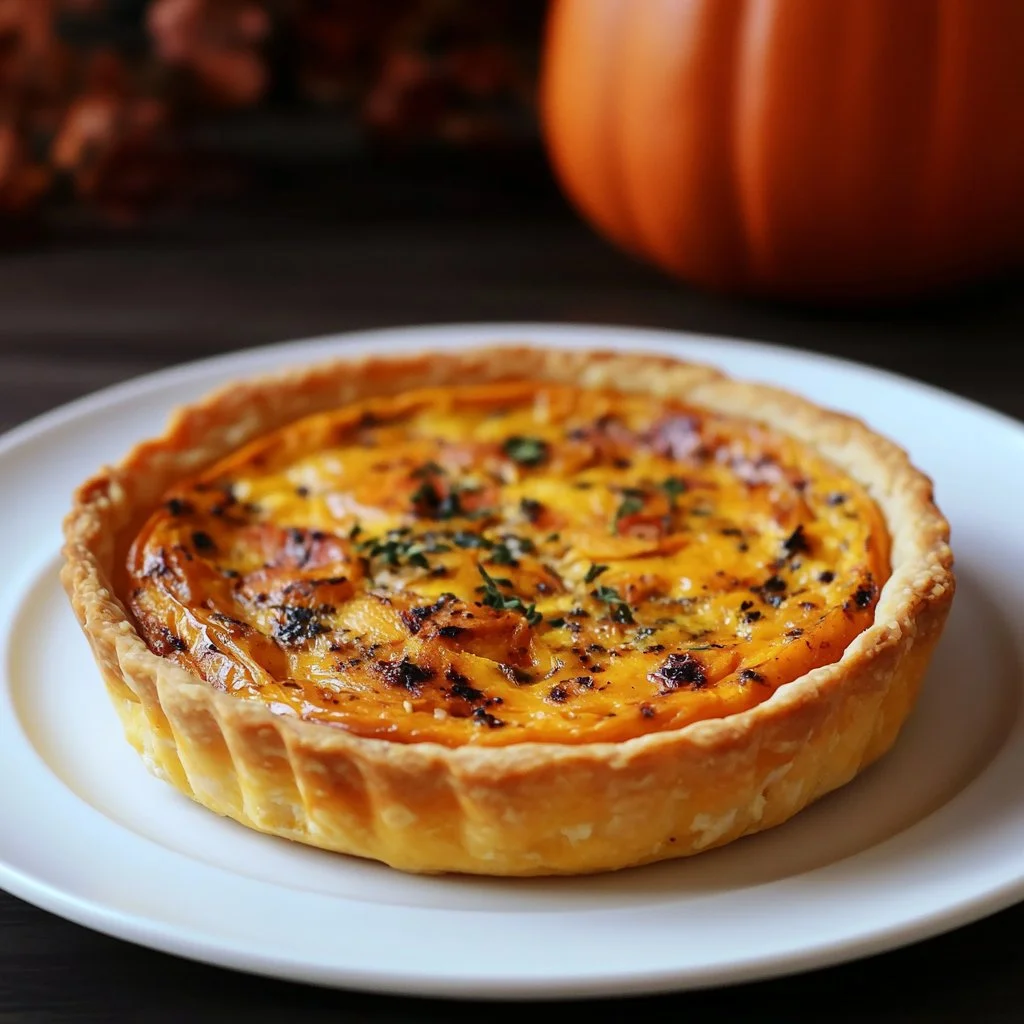 Quiche à la citrouille et gorgonzola servie avec une salade fraîche.