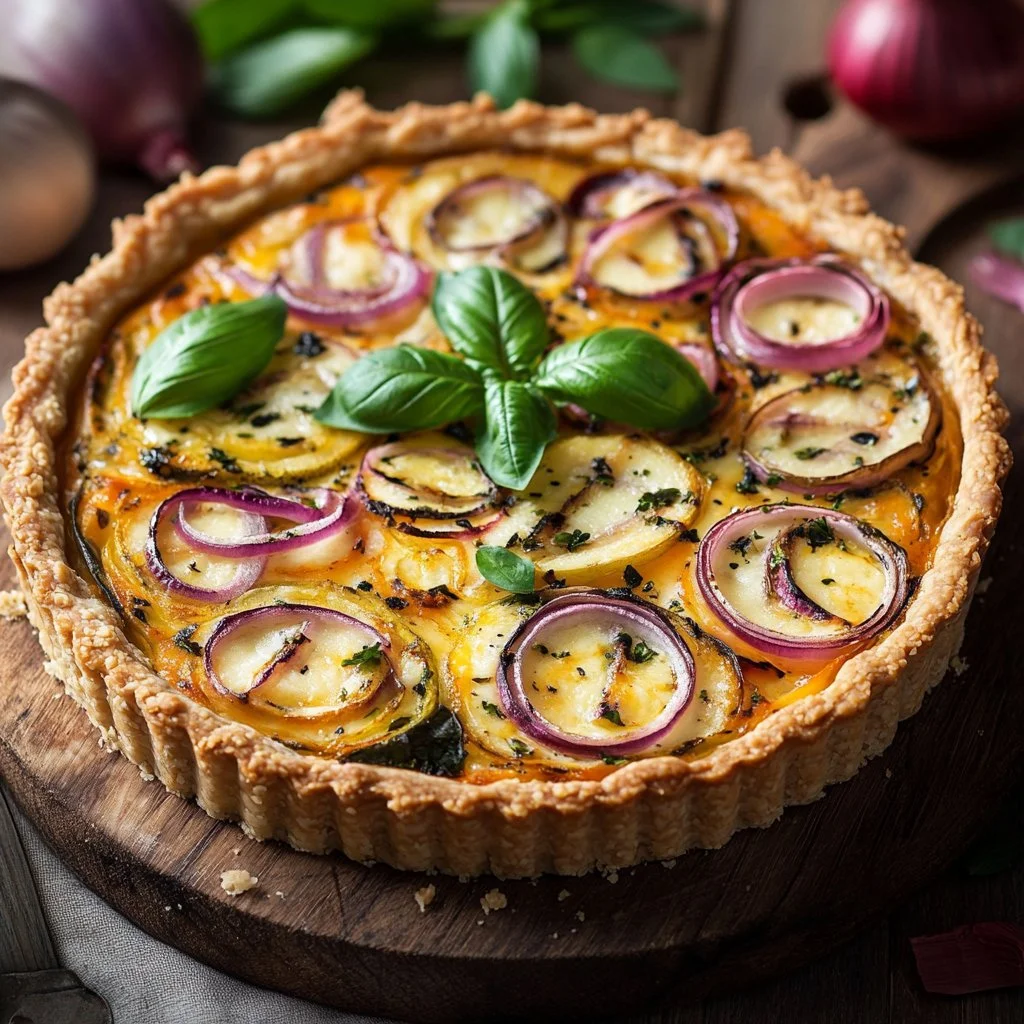 Quiche au chou-fleur et oignon rouge, plat savoureux et coloré.