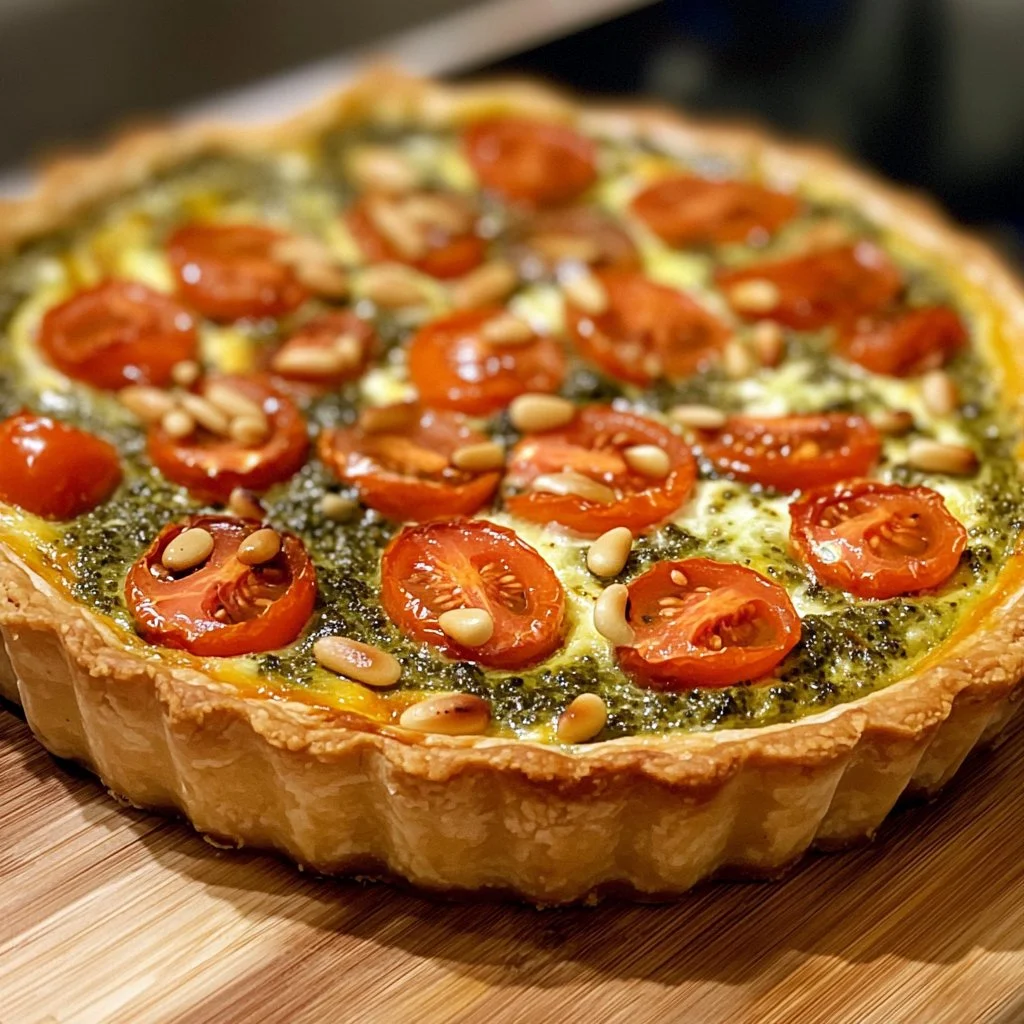 Quiche Italienne au Pesto et à la Mozzarella, une recette savoureuse et colorée.