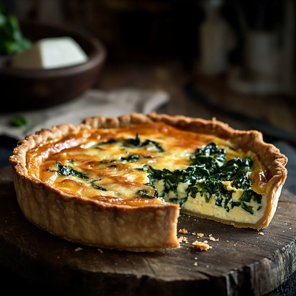 Quiche sans croûte au fromage cottage et épinards servie dans un plat