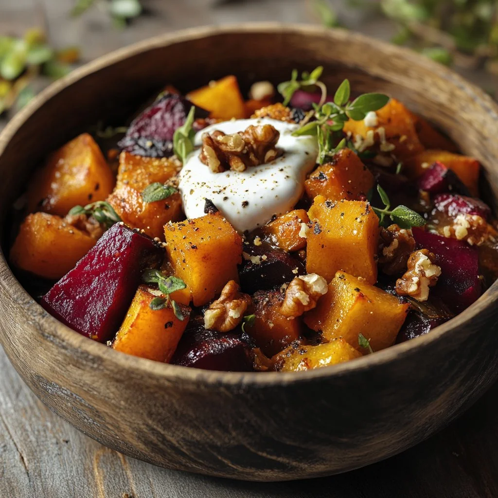 Ragoût automnal de légumes avec sauce aux noix et fromage de chèvre