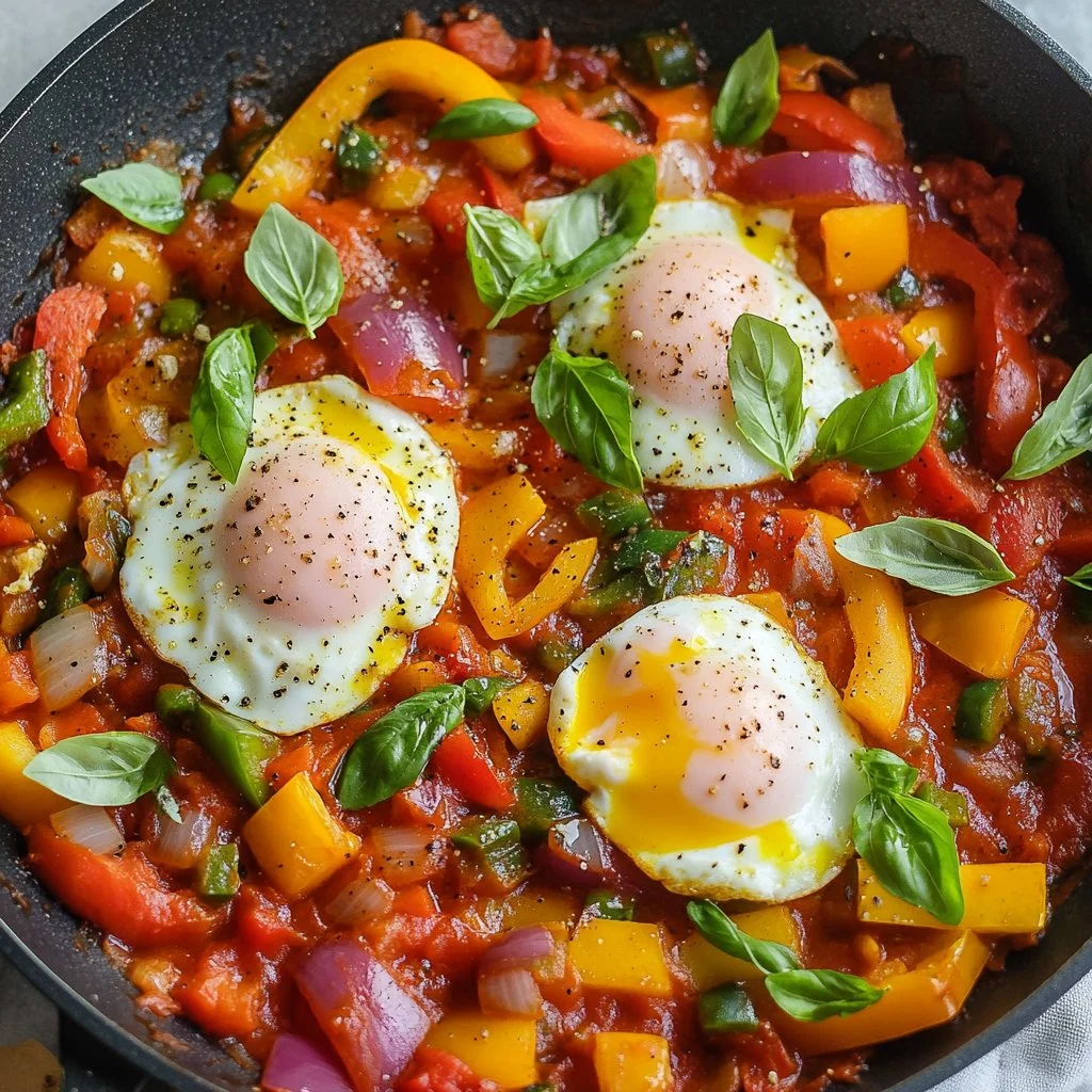 Plat de Chakchouka Traditionnelle avec œufs et légumes frais.