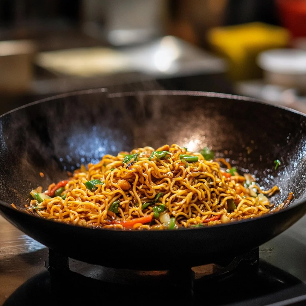 Assiette de nouilles sautées avec légumes colorés et sauce