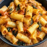 Rigatoni creamy with sausages and spinach