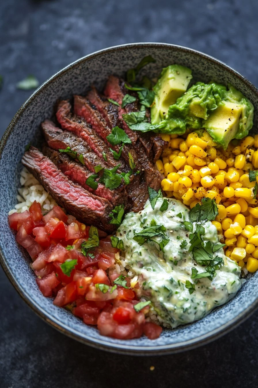 Meilleure recette de bol de steak, avocat et maïs grillé avec sauce à la crème de coriandre, recette facile, recette PDF imprimable, téléchargement fait maison.