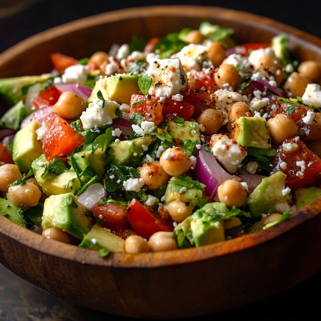 Salade de pois chiches, feta et avocat dans un bol coloré.