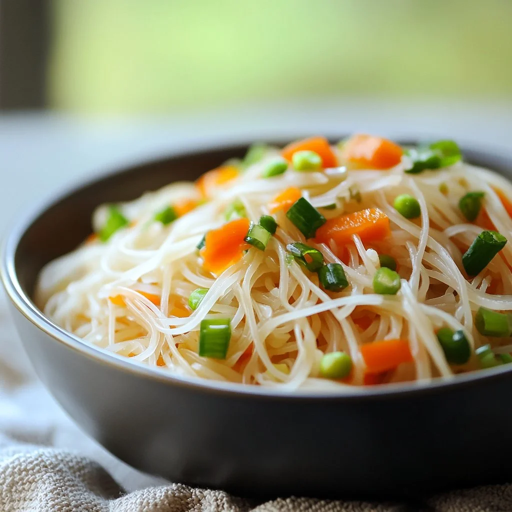 Sauté de nouilles de riz savoureux avec légumes frais et sauce délicieuse
