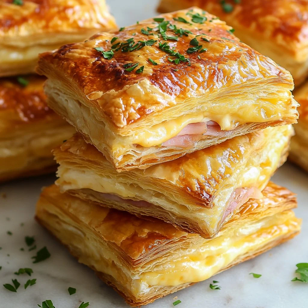 Snack feuilleté au jambon et fromage doré et croustillant.