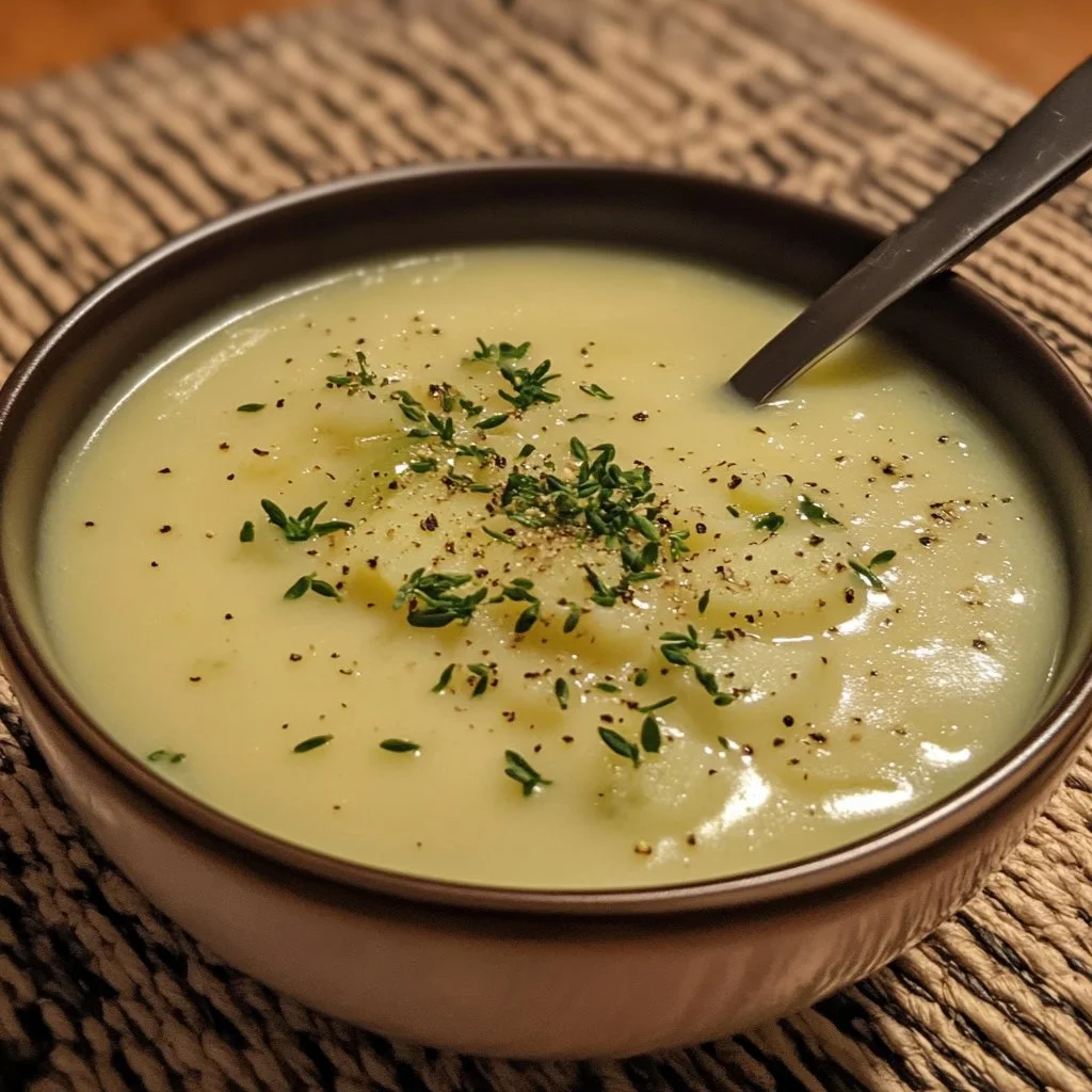 Soupe crémeuse de pommes de terre et poireaux servie dans un bol.