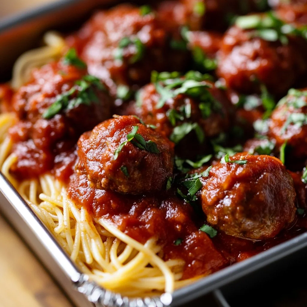 Assiette de spaghetti meatballs garnis de sauce tomate et de parmesan