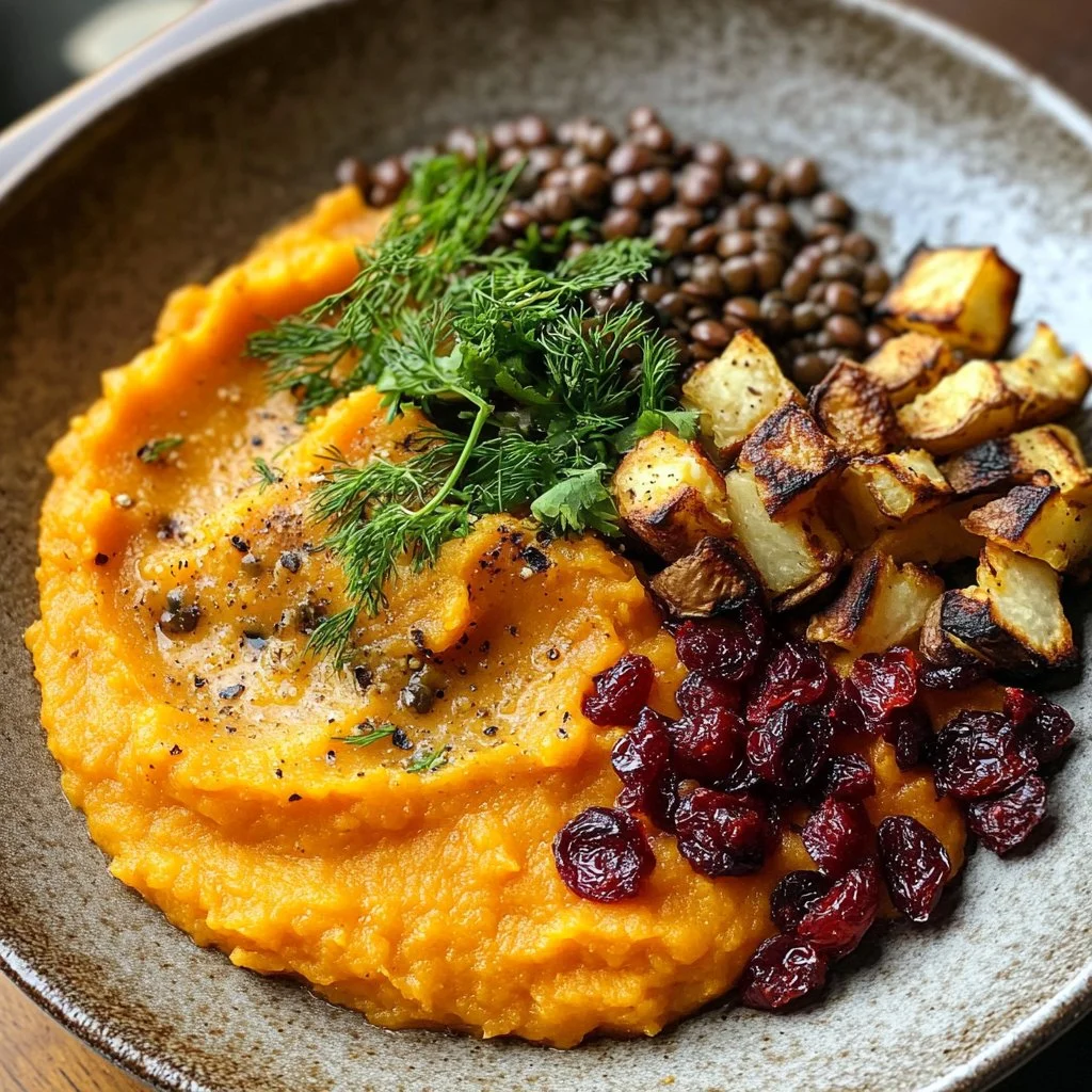 Steak de chou-fleur vegan rôti avec purée de patate douce