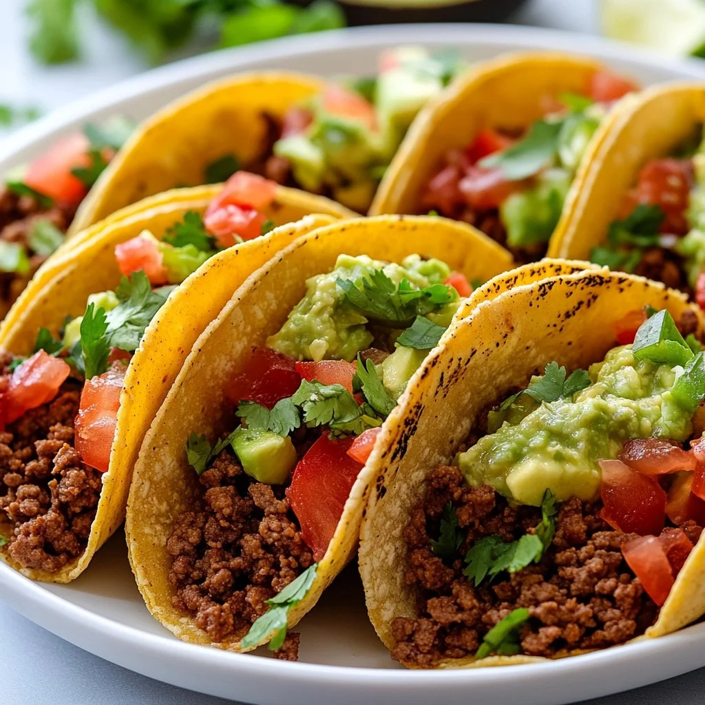 Tacos de boeuf haché garnis de légumes frais et sauce épicée