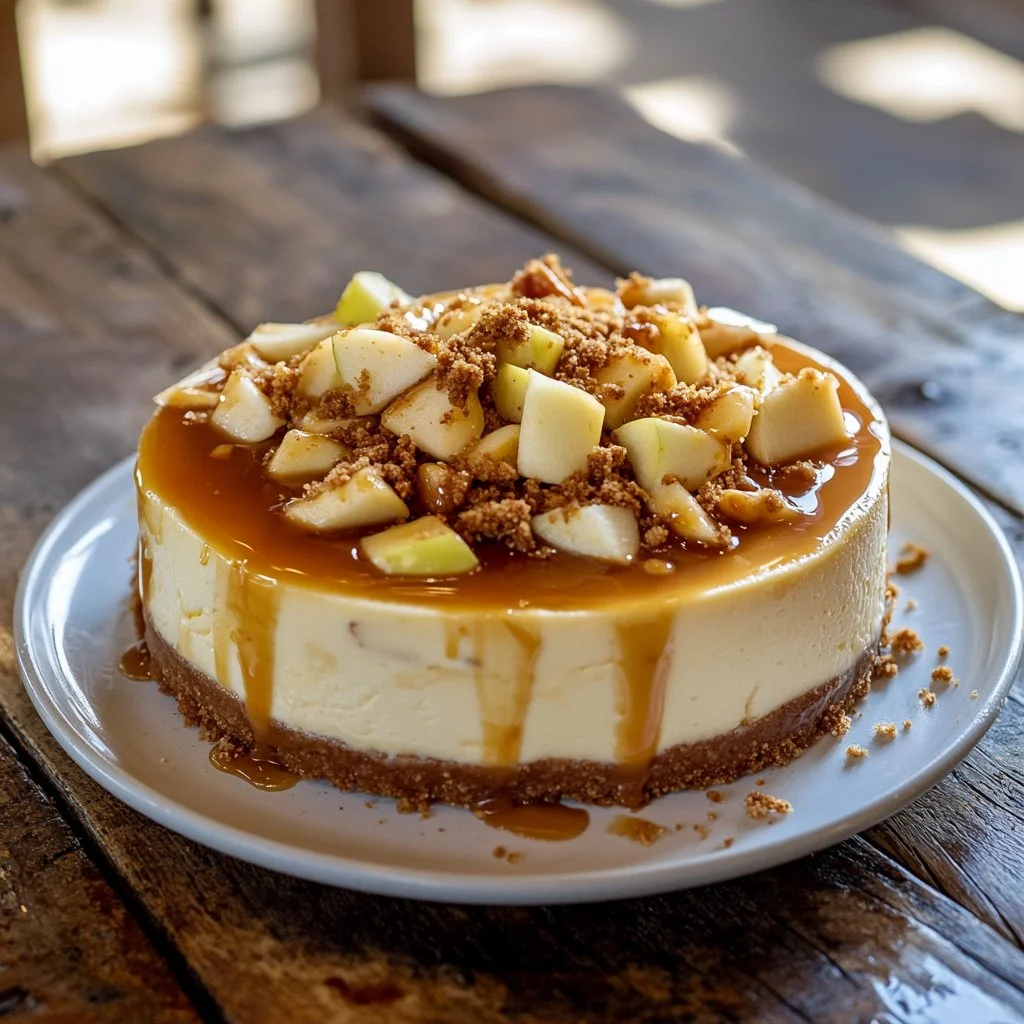 Tarte au fromage avec pommes caramélisées et caramel au sel
