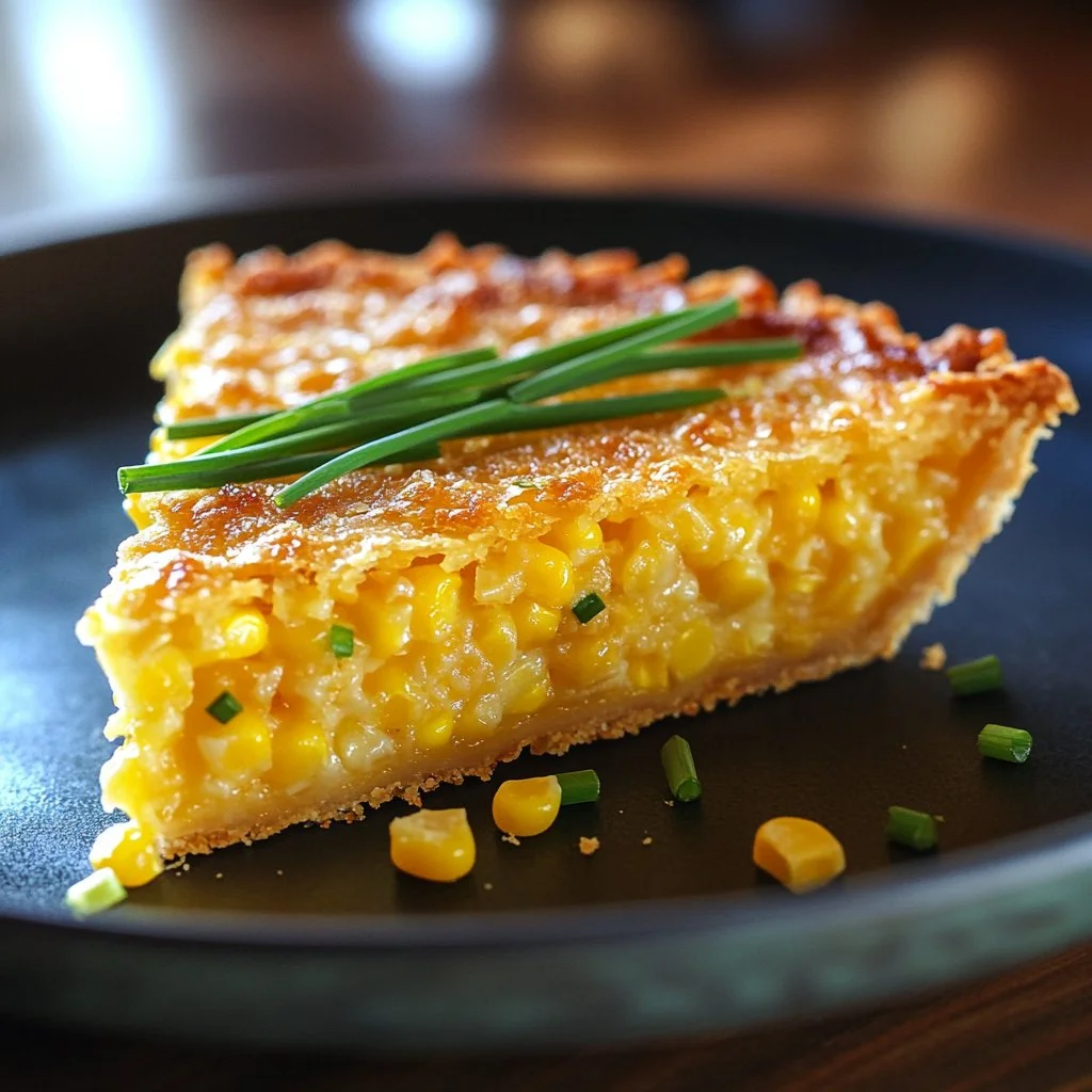 Tarte au maïs doux et cheddar présentée sur une assiette gourmande.