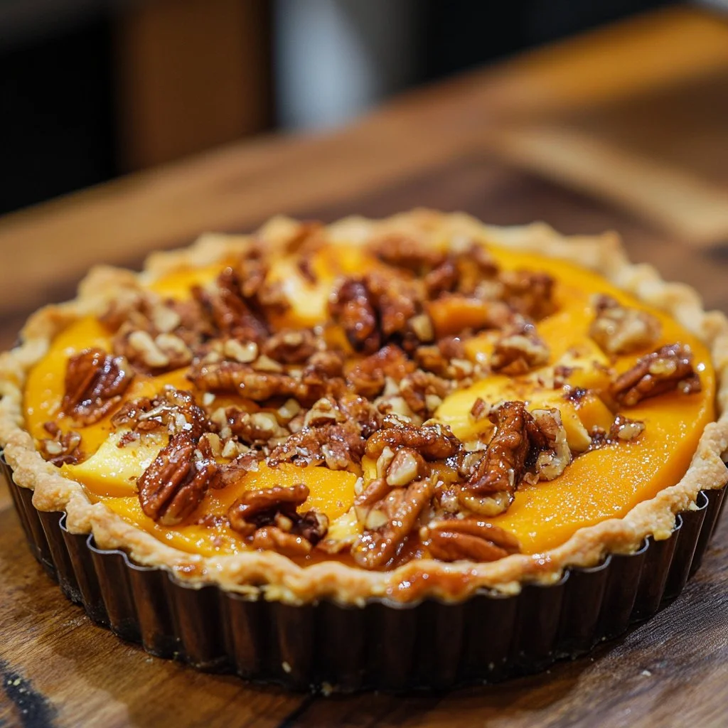 Tarte au potimarron garnie d'échalotes, comté et noix, servie sur une table.