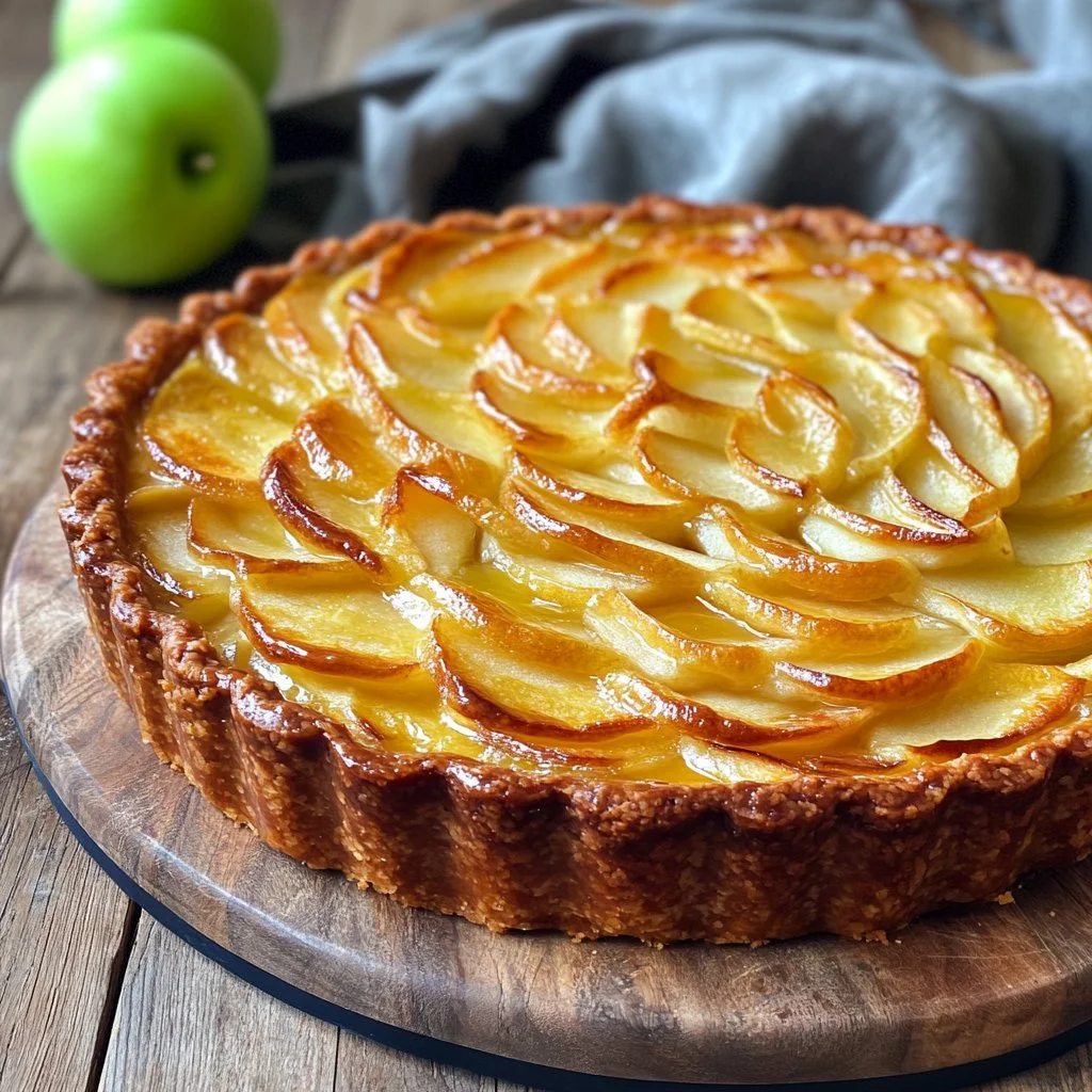 Tarte aux pommes faite maison avec une croûte dorée et des pommes juteuses.
