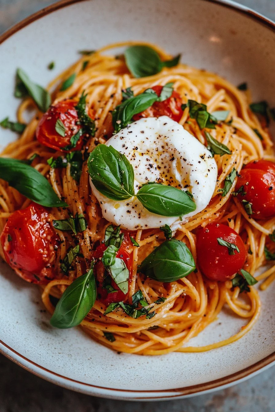 Pâtes à la burrata et tomates éclatantes