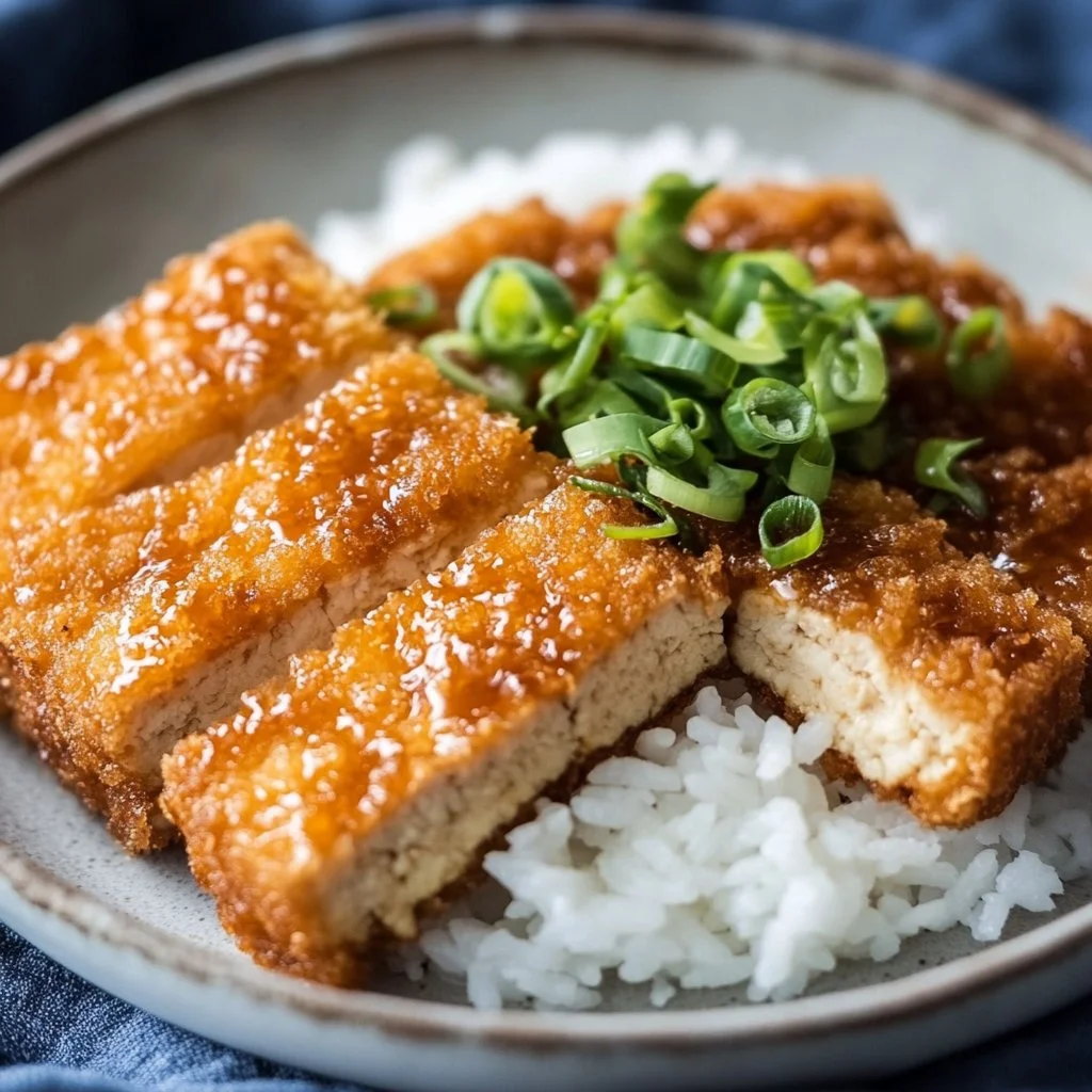 Tofu Katsu croustillant servi avec une sauce délicieuse.