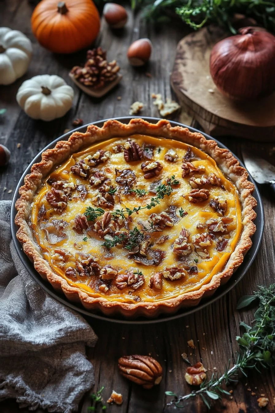 Tarte au potimarron, échalotes, comté et noix